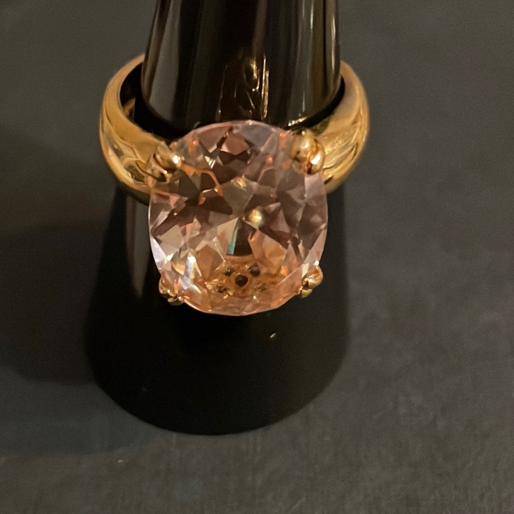 Faux Peach Topaz Gold Tone Ring - Large Oval Faceted Size 8